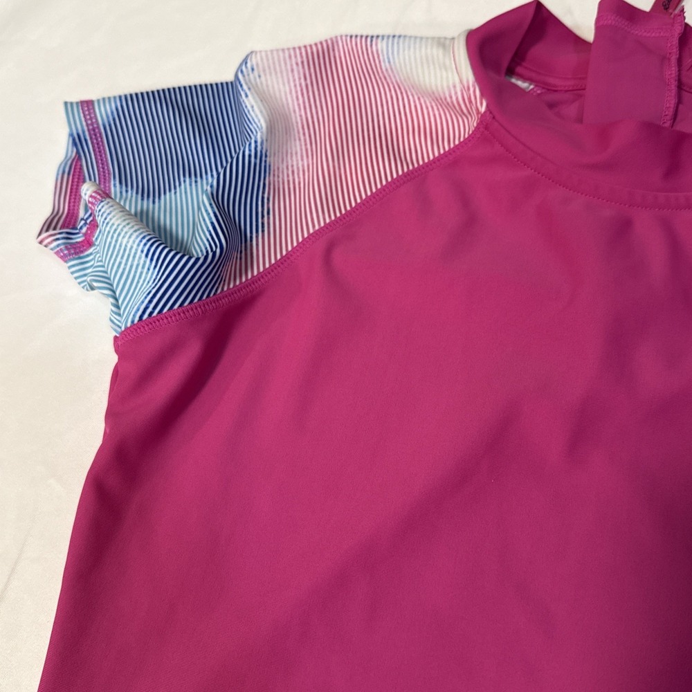 Eddie Bauer Youth Girls Medium Swim Shirt Short Sleeves Pink Zip Back Swimsuit - Picture 2 of 6